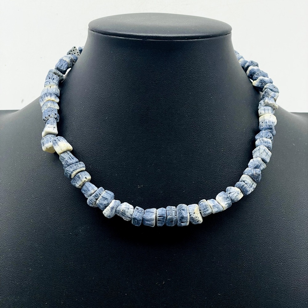 Blue White Chip Beaded Necklace Single Strand Chunky Boho Statement Jewelry